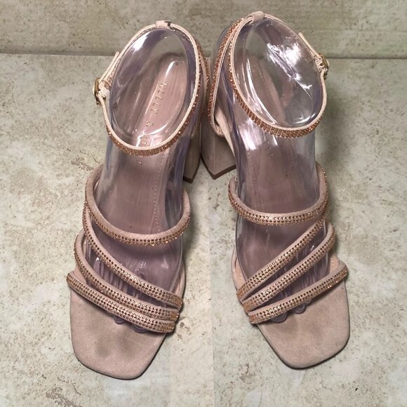 Strappy Nude Rhinestone Sandals With Block Heels Prom Wedding Party - Picture 2 of 9